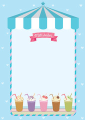 Milkshakes menu board decorated on blue cafe background