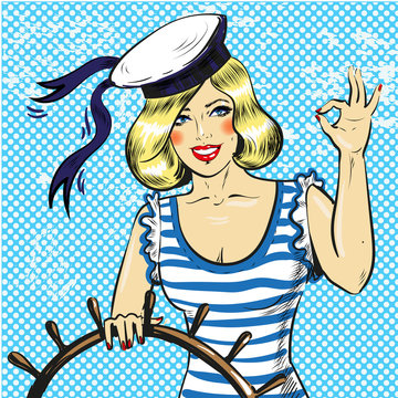 Vector pop art illustration of sailor pin up girl