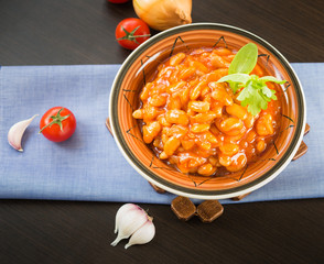 Food. Healthy food. Homemade Baked Beans with tomato sauce