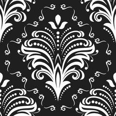Floral vector black and white ornament. Seamless abstract classic background with flowers. Pattern with repeating elements