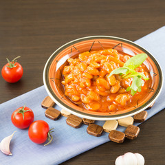 Food. Healthy food. Homemade Baked Beans with tomato sauce