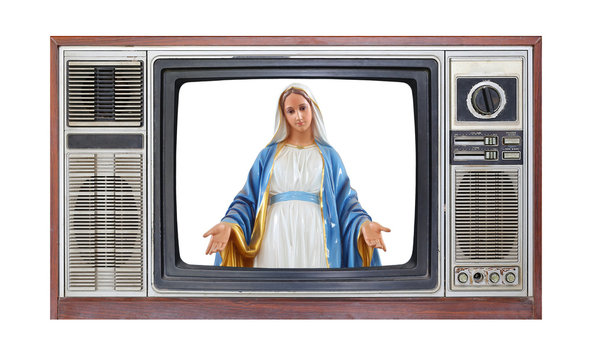 Retro television on white background with image of Statues of Holy Women on screen.