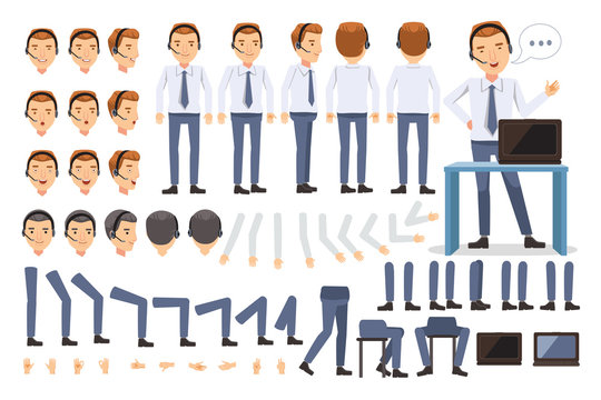  customer service man Character creation set.Icons with different types of faces and hair style, emotions, front,rear,side view of male person. Moving arms, legs.Sit, stand, walk.Vector illustration