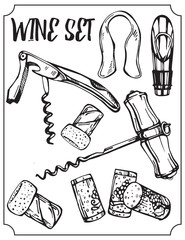  Set of wine accessories. Vector isolated Illustration.