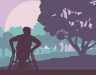 Wheelchair man in park forest landscape with trees vector