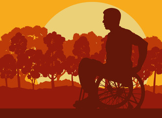 Wheelchair man in park forest landscape with trees vector