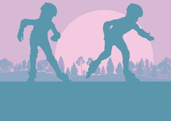 Inline skate kid in park landscape with forest trees vector