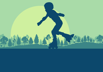 Inline skate kid in park landscape with forest trees vector