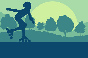 Obraz na płótnie Canvas Inline skate kid in park landscape with forest trees vector