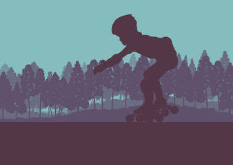 Inline skate kid in park landscape with forest trees vector