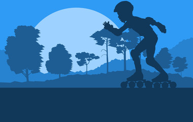 Obraz na płótnie Canvas Inline skate kid in park landscape with forest trees vector