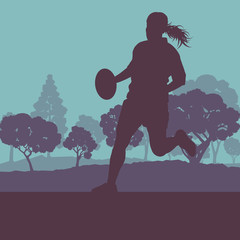 Rugby woman player vector background landscape with forest trees