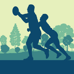 Rugby player man landscape vector background with forest