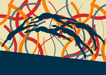 Swimming man jump abstract landscape vector background