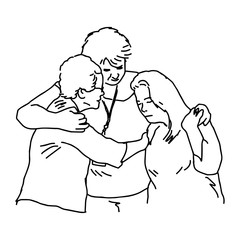 three people embracing to comfort each other - vector illustration sketch hand drawn with black lines, isolated on white background