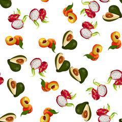 Very high quality original trendy vector seamless pattern with pitaya, avocado, peach, dragon fruit, exotic tropical fruit