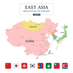 East Asia Map Full Color High Detail Separated all countries Vector Illustration