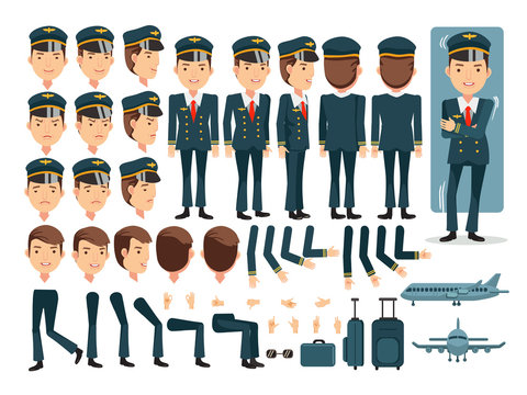 Pilot character creation set.Icons with different types of faces and hair style, emotions,front,rear,side view of male person.Moving arms,legs.Vector illustration Isolated on white background