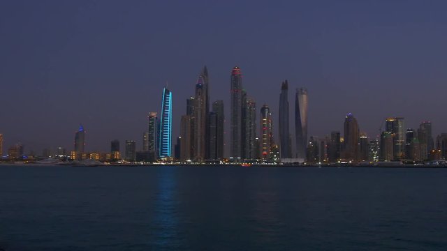 night dubai marina famous bay panorama from palm jumeirah 4k uae
