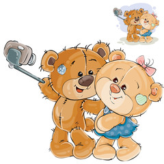 Fototapeta premium Vector illustration of a couple of enamored brown teddy bears making his selfie photo on a smartphone. Print, template, design element