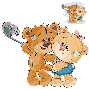 Vector illustration of a couple of enamored brown teddy bears making his selfie photo on a smartphone. Print, template, design element