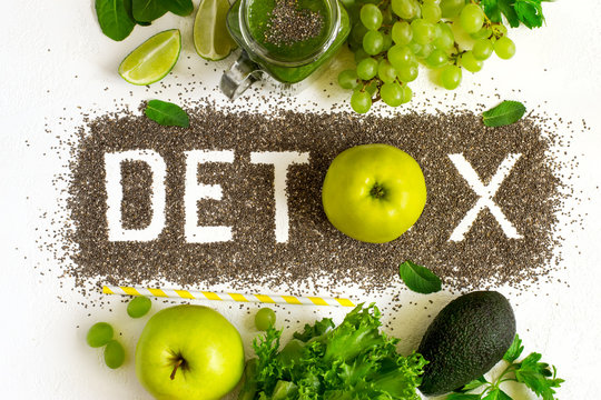 Word detox is made from chia seeds. Green smoothies and ingredie