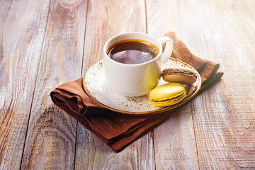Coffee and macaroons breakfast, flay lay style