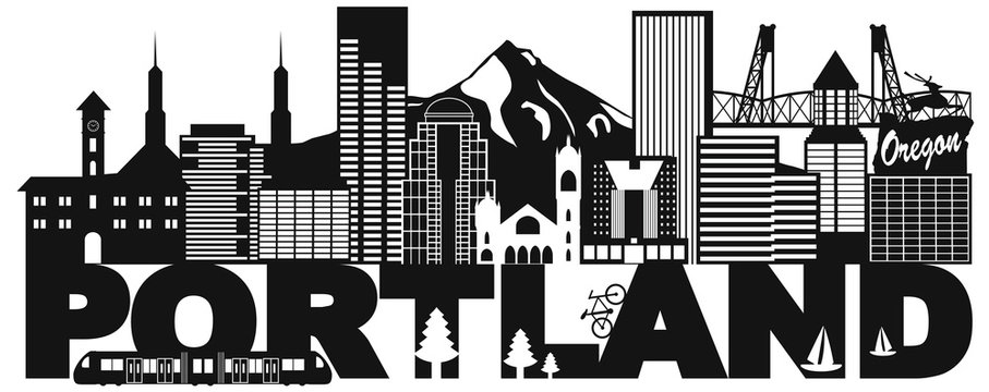 Portland Oregon Skyline and Text Black and White vector Illustration