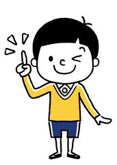 Obraz premium 男の子：チェック、ポイント、人差し指 