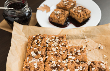 Homemade baking. Sweet Dessert. Oatmeal cake with blueberry jam 