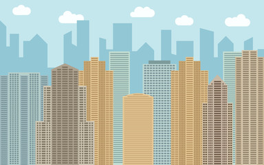 Vector urban landscape illustration. Street view with cityscape, skyscrapers and modern buildings at sunny day. City space in flat style background concept.
