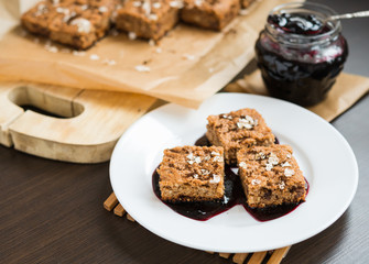 Homemade baking. Sweet Dessert. Oatmeal cake with blueberry jam 