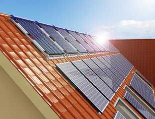 Solar Power House 3d concept, Solar Panels With Lens Flare, Solar Water heating systems, Renewable Energy Home, Water Heaters Panels On a Roof - 3D Rendering