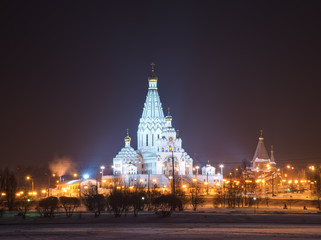 All Saints Church In Minsk, Belarus. Memorial Church Of All Saints And In Memory Of The Victims, Which Served As Our National Salvation.Church With Gold Domes With Festive Night Illumination