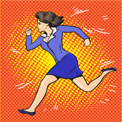 Vector pop art illustration of running businesswoman