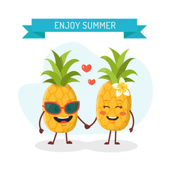 A couple of pineapples in love. Enjoy summer. Vector pineapples cartoon character illustration.