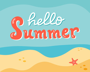 Hello summer hand lettering on the beach. Vector illustration.