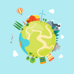Fototapeta premium Cartoon Earth with Houses, Mountains, Forests and Factories. Vector