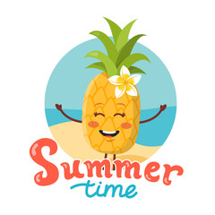 Cute pineapple cartoon vector illustration. Summer time hand lettering.