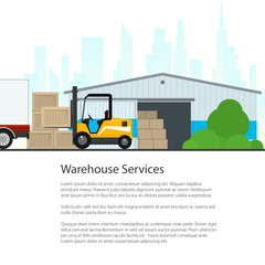 Flyer Warehouse with Forklift Truck on the Background of the City and Text, Poster Transportation and Cargo Services and Storage, Brochure Design, Vector Illustration