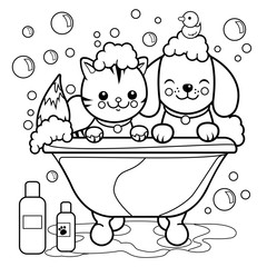 Cat and dog in a tub taking a bubble bath. Vector black and white coloring page.