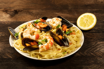 Seafood pasta dish with mussels and shrimps