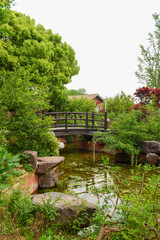 Fototapeta premium Beautiful Chinese garden, with green trees surrounding a pond and one wooden arched bridges.