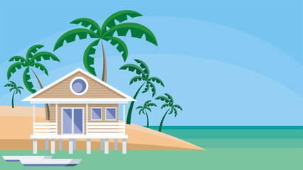 Small lodge on piles against the background of palm trees and a sea landscape. Vector background.