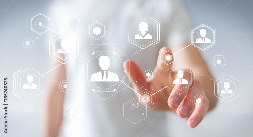 Poster businessman using digital social network 3d rendering