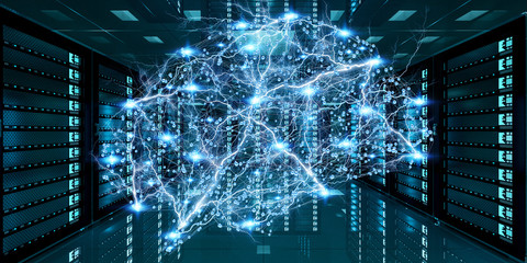 Abstract network on server room data center 3D rendering