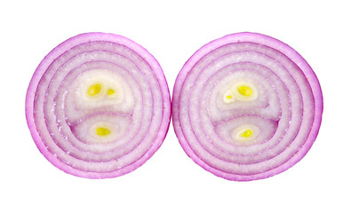 Red sliced onion isolated on white background