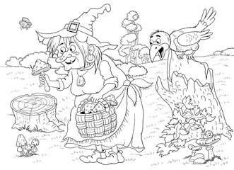 Fototapeta na wymiar A cute witch picking mushrooms. Fairy tale. Coloring page. Illustration for children. Funny cartoon characters