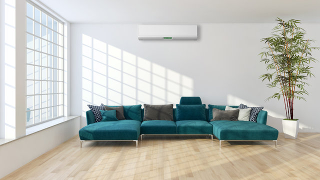 Living room with air conditioning. 3D rendering