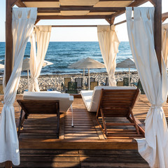 Sunbeds on the beach in the morning